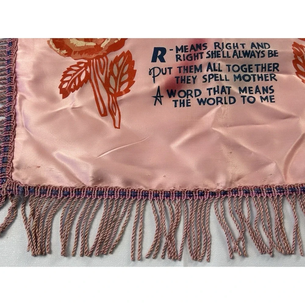 Vintage Satin Mother Poem Pillowcase Pink Floral Fringe Sentimental Decor